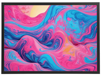 Et abstrakt maleri med bølgende mønstre i pink, blå og orange nuancer.