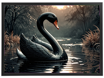 En smuk sort svane svømmer stille i en rolig sø omgivet af natur.