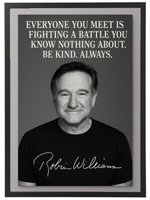 Et sort-hvidt billede med et citat om venlighed fra Robin Williams.