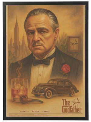 En kunstnerisk plakat af en mand i smoking med en rød rose, der repræsenterer filmen The Godfather.