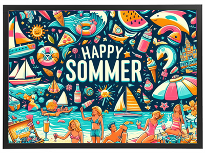 En livlig illustration af en strandscene med sol, is, båd og glade mennesker.