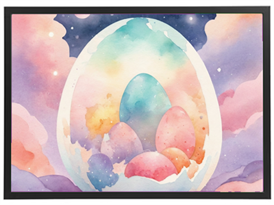 Et maleri af et stort æg med flere pastelfarvede æg indeni, omgivet af bløde skyer.