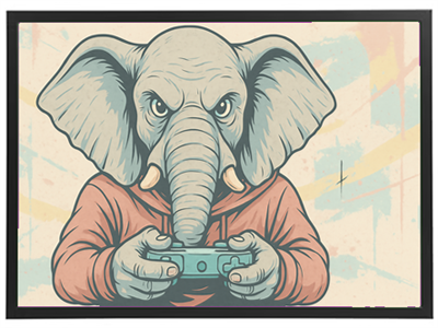Et illustration af en elefant iført en hoodie, der spiller videospil.