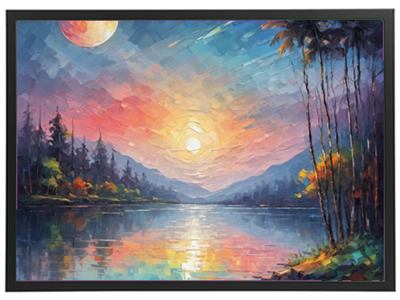 Et maleri med en smuk solnedgang over en sø, omgivet af træer og bjerge.