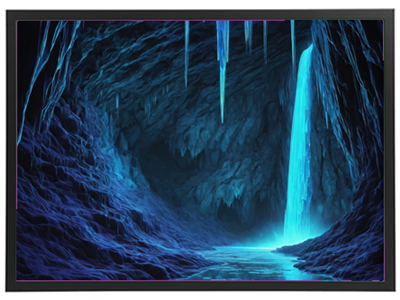 En surrealistisk hule med glitrende isformationer og et strålende vandfald.