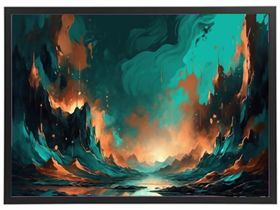 Et surrealistisk landskab med mørke bjerge og glødende, farverige himmel.