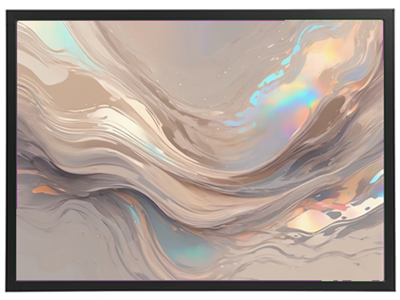 Et abstrakt billede med bløde bølger og iriserende farver i nuancer af beige og pasteller.
