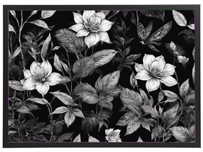 Et stiliseret mønster med blomster og blade i sort og hvid på en mørk baggrund.