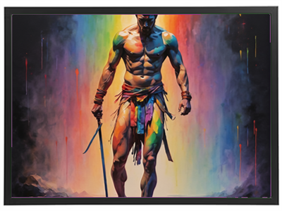 En muskuløs mand i en dramatisk positur, omgivet af regnbuefarver og med et sværd i hånden.