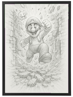 En tegning af en karakter, der bryder gennem vægge og springer fremad.