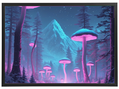 En surrealistisk skovscene med store, lyserøde svampe og en majestætisk bjergtop i baggrunden.