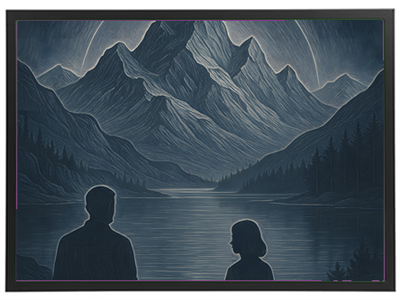 To personer står ved en stille sø, omgivet af majestætiske bjerge under en stjerneklar himmel.