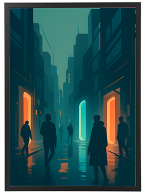 En stiliseret illustration af en mørk gade, hvor silhuetter af mennesker bevæger sig mod neonlys.