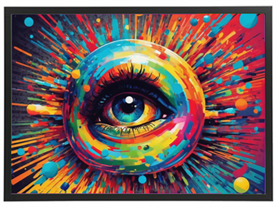 Et livligt og farverigt billede af et øje omgivet af eksplosive farveeffekter.