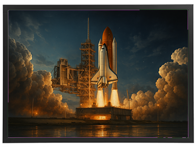 En rumraket affyres fra en launchpad, omgivet af røg og lys i natten.