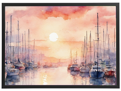 Et maleri af en havn ved solnedgang, med både og mastetræer i silhuet mod den farverige himmel.