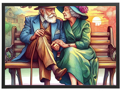 Et par sidder på en bænk, holder hinandens hænder, omgivet af en smuk solnedgang.