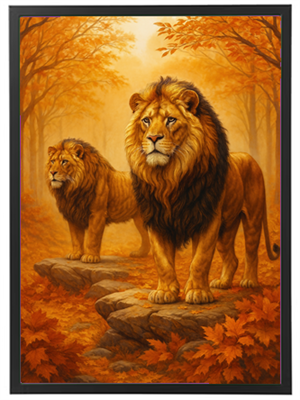 To majestætiske løver står på en sten blandt gyldne efterårsblade.