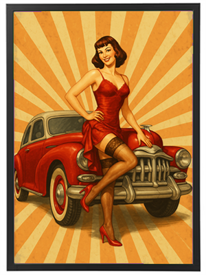 En retro-stil illustration af en kvinde i rød kjole, der poserer ved en klassisk bil.