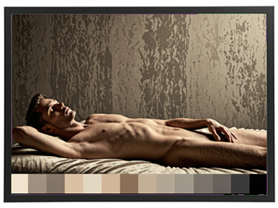 Et kunstnerisk billede af en nøgen mand, der ligger afslappet på en seng med en neutral baggrund.