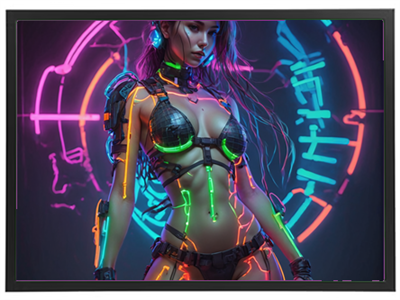 En digital illustration af en kvinde med cyberpunk-inspireret udseende, oplyst af neonfarver.