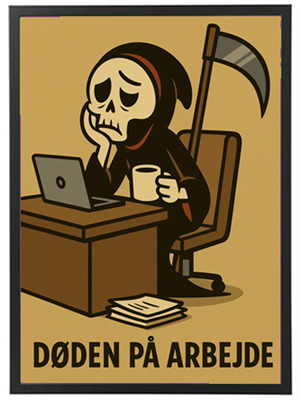En tegneserieagtig skikkelse af døden, der ser trist ud ved et skrivebord med en computer.