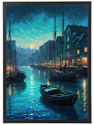 En smuk natlig havnescene med både og glitrende vand under stjernerne.