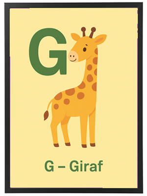 Illustration af en giraf med bogstavet G, der introducerer børn til dyrenavne.