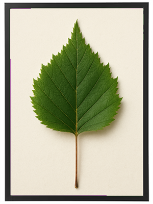 Et enkelt, grønt blad præsenteret på en lys baggrund, fremhæver dets detaljer og struktur.