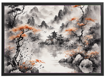 Et smukt sort-hvidt landskabsmaleri med orange detaljer, der viser et tempel omkranset af bjerge og træer.