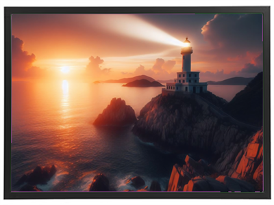 Et malerisk fyrtårn stråler sit lys over havet ved solnedgang, omgivet af klipper.