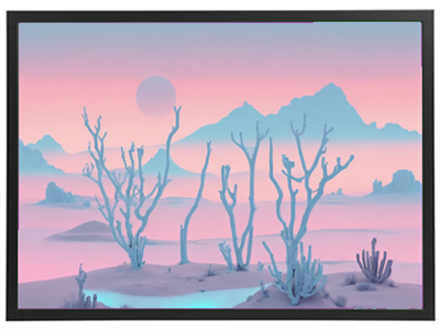 Et surrealistisk landskab med bløde former, døde træer og et pastelfarvet himmel.