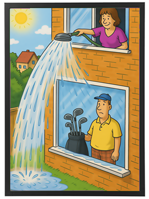 En kvinde vander haven fra vinduet, mens en mand ser forvirret ud med golfkøller.