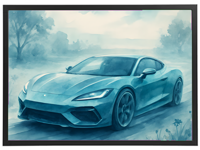 Et smukt akvarelmaleri af en moderne sportsvogn, der kører på en naturskøn vej.