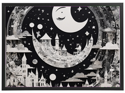Et detaljeret papirklip, der viser en nattehimmel med en stor måne, slotte og skyer.