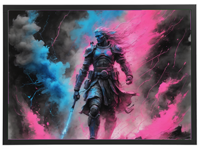 En futuristisk kriger med lysende blå og pink effekter, der skaber en dramatisk atmosfære.