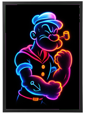 En farverig neonillustration af Popeye, der viser sin styrke med en muskuløs arm.