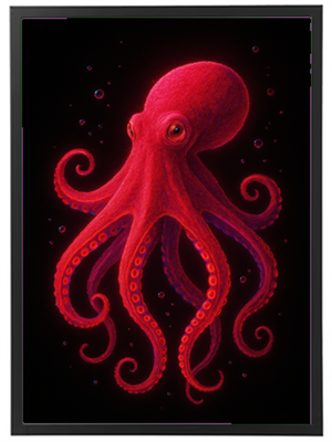 En farverig, rød blæksprutte svømmer i et mørkt, boblende miljø.