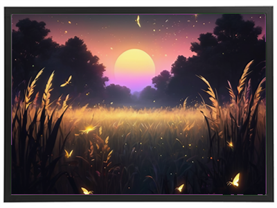 En malerisk solnedgang med gyldne marker og sværmende sommerfugle.