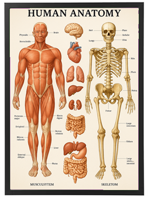 Illustration af menneskekroppens anatomi, inklusive muskelsystem og skelet.
