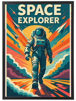 En farverig plakat af en astronaut, der går gennem et dynamisk rumlandskab.