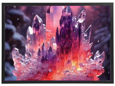 En smuk krystalformation med nuancer af lilla og orange, der skaber en magisk atmosfære.