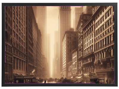 Et sepia-tonet billede af en travl gade med hestevogne og høje bygninger.