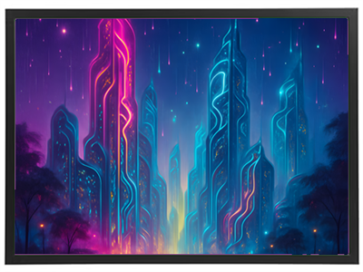 En farverig, futuristisk by med høje, lysende skyskrabere under en stjerneklar himmel.