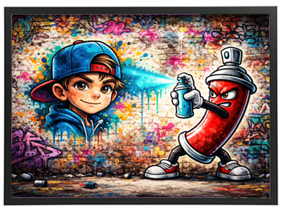 Farverig vægmaleri med en dreng og en karakter, der sprayer graffiti.