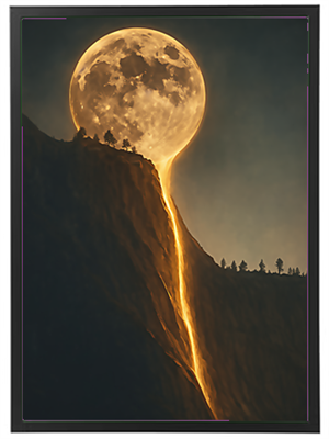 En dramatisk scene, hvor månen ser ud til at flyde ned ad en klippe, omgivet af silhuetter af træer.