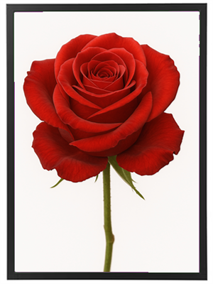 En enkelt, strålende rød rose med velplejede kronblade, præsenteret i en elegant ramme.