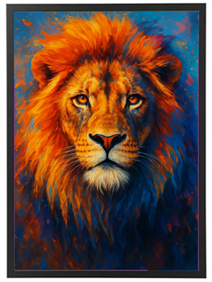 Et maleri af en løve med en strålende orange manke og dybe, intense øjne.