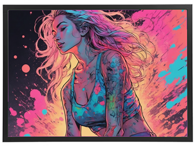 Et livligt og farverigt portræt af en ung kvinde med langt hår og tatoveringer, omgivet af sprøjt af farver.