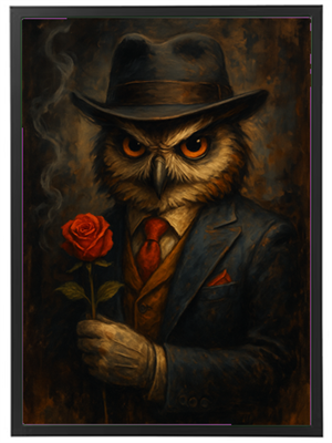 En stilfuld ugle iført hat og jakkesæt, der holder en rose.